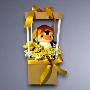 Cajita con Peluche, 3 Bombones y Flores Amarillas