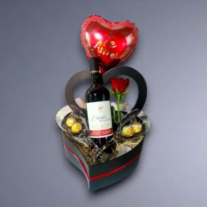 Vino + 2 Copas, Caja de Corazón, Bombones, Globo y Rosa